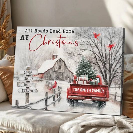 Christmas Farm Scene with Red Truck – Personalized Canvas Wall Art – Festive Holiday Gift for Your Family & Loved Ones  Ezcustomize