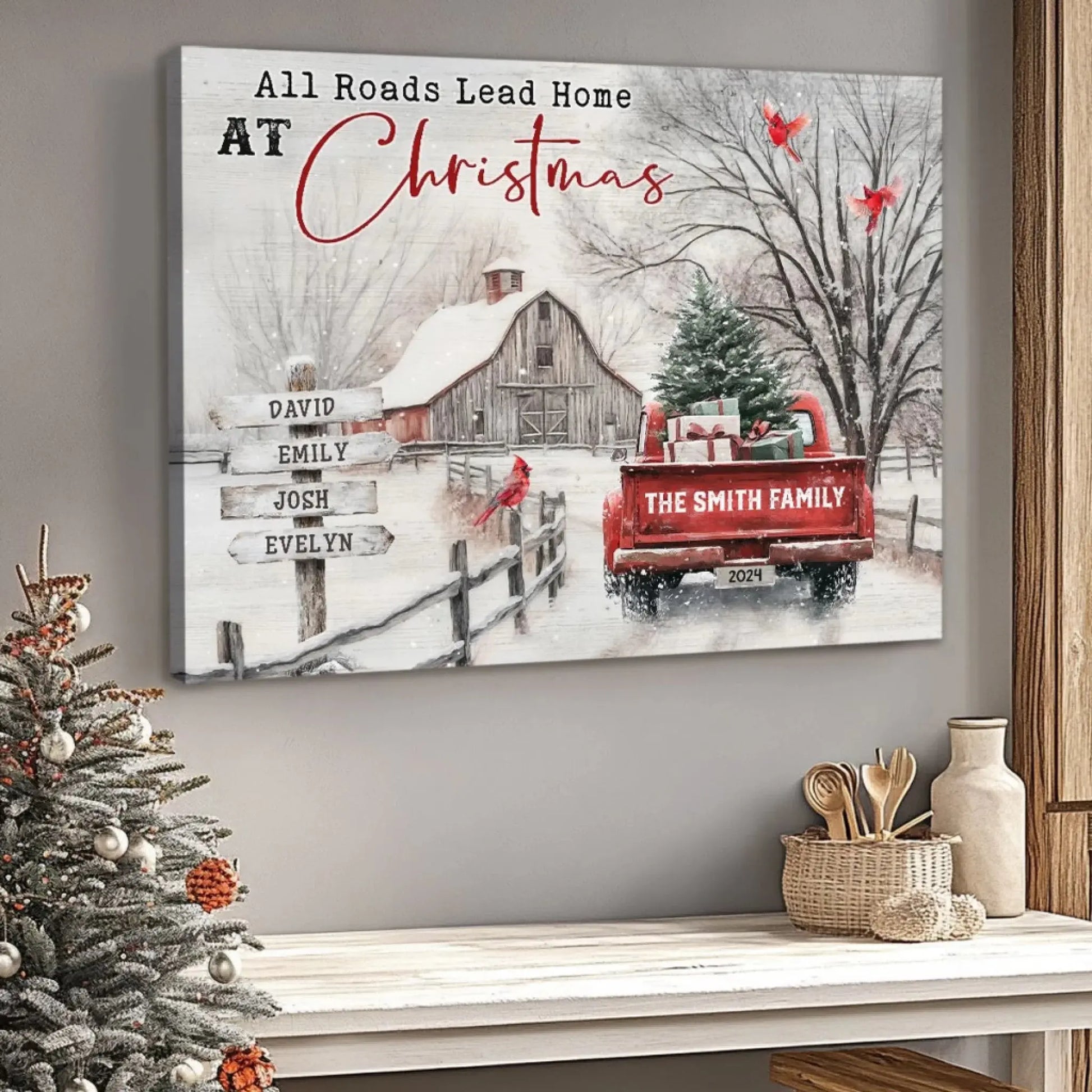 Christmas Farm Scene with Red Truck – Personalized Canvas Wall Art – Festive Holiday Gift for Your Family & Loved Ones  Ezcustomize