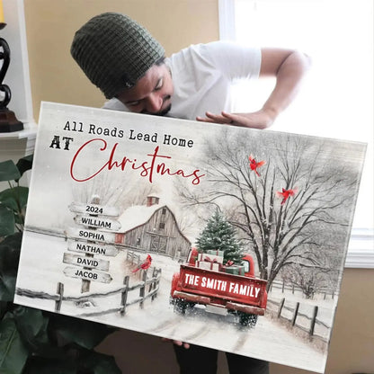 Christmas Farm Scene with Red Truck – Personalized Canvas Wall Art – Festive Holiday Gift for Your Family & Loved Ones  Ezcustomize