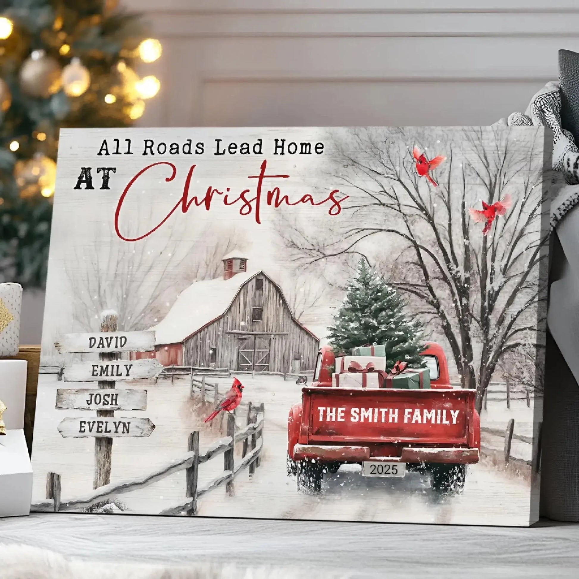 Christmas Farm Scene with Vintage Truck – Personalized Canvas Wall Art – Festive Holiday Gift for Your Family & Loved Ones  Ezcustomize