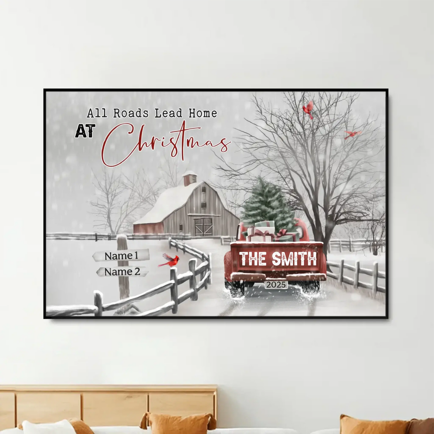 Christmas Farm Scene with Vintage Truck – Personalized Canvas Wall Art – Festive Holiday Gift for Your Family & Loved Ones  Ezcustomize