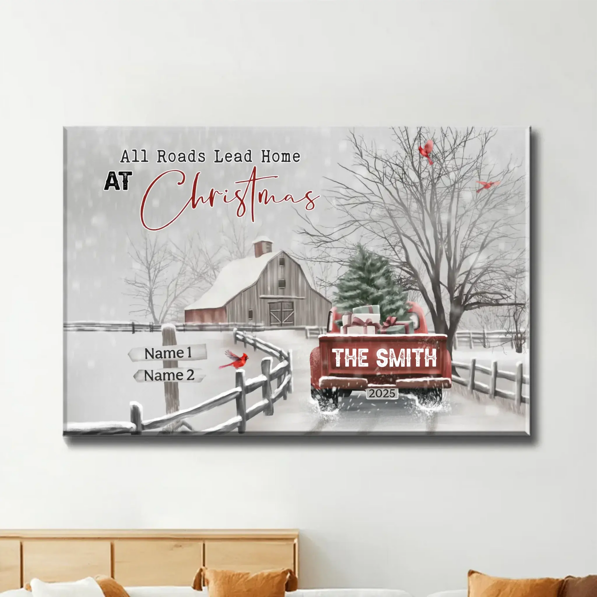 Christmas Farm Scene with Vintage Truck – Personalized Canvas Wall Art – Festive Holiday Gift for Your Family & Loved Ones  Ezcustomize