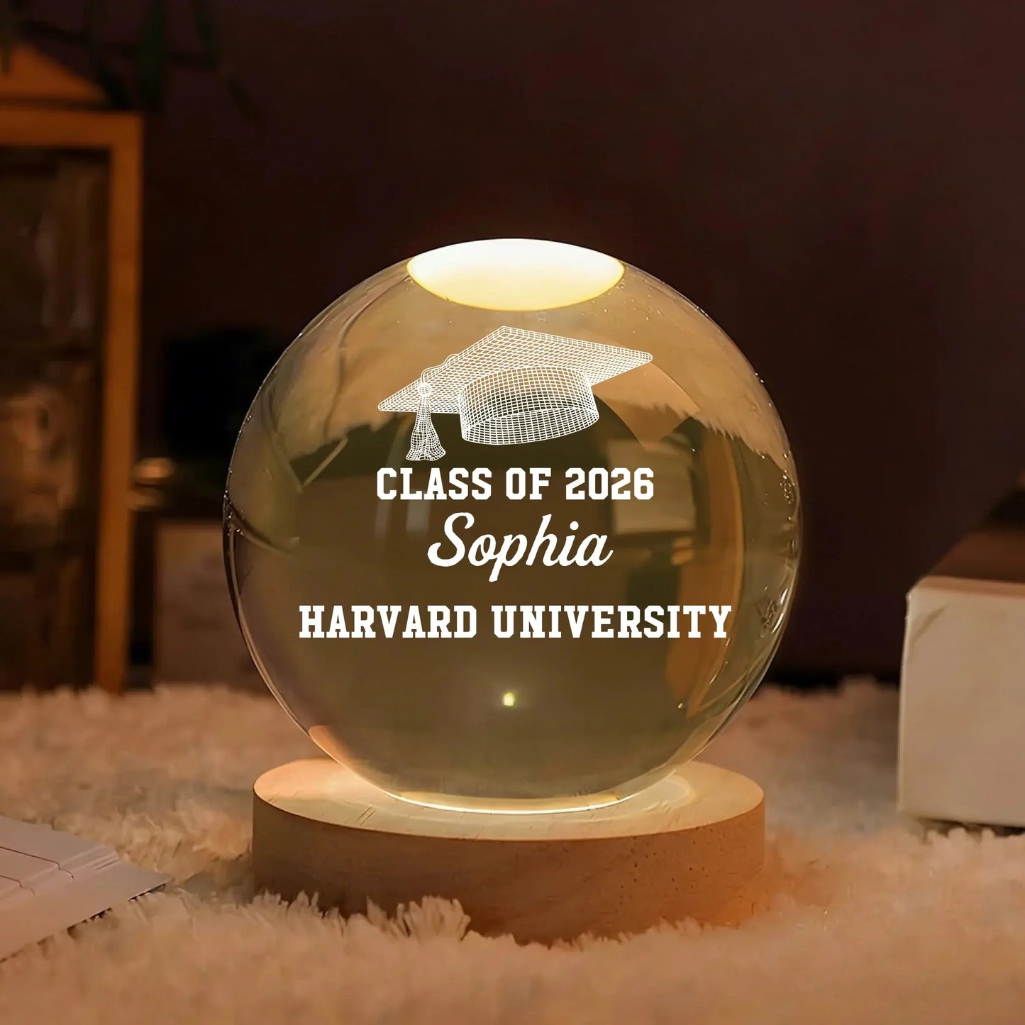 Class of Custom Name School Grad Cap - Personalized Crystal Lamp - Gift for Grad, Graduate, Senior, Students