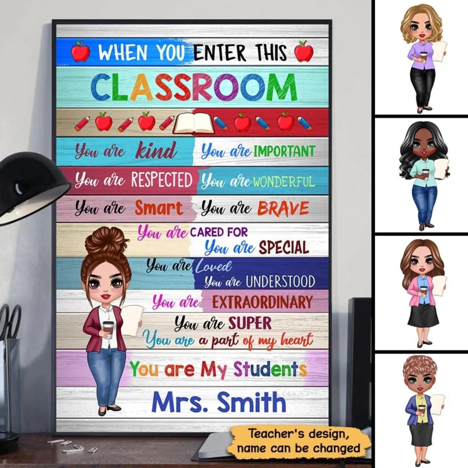 Colorful Classroom Welcome Poster – Personalized Vertical Poster with Doll Teacher – Back to School Gift, Classroom Decor  Ezcustomize
