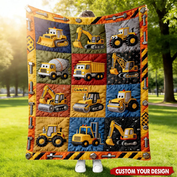 Construction Machines Excavator Bulldozer Dump Trucks - Personalized Blanket - Gift for Kids, Toddlers, Boys, Son, Grandson, Little Builder