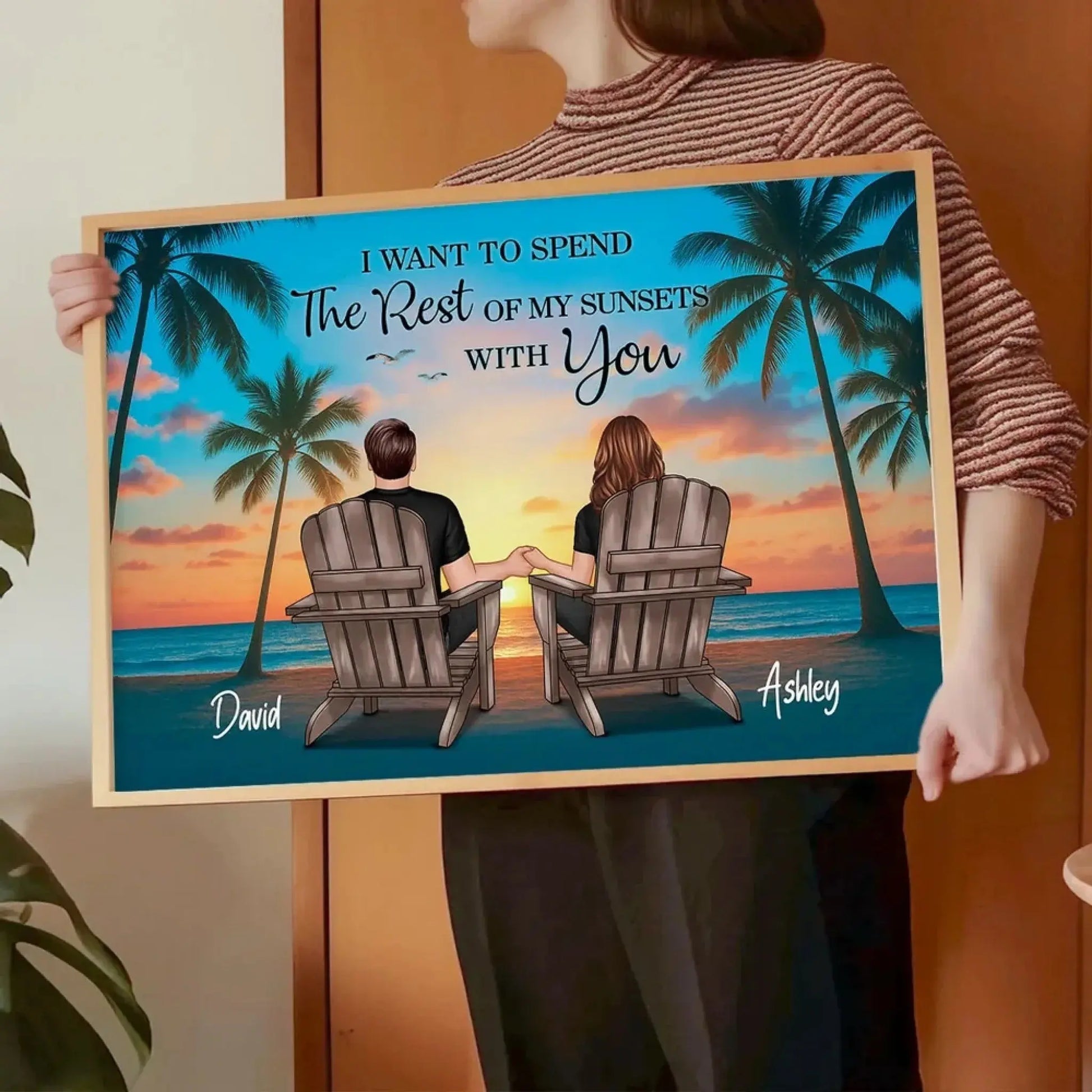 Couple Beach Sunset Under Palm Tree – Personalized Poster/Canvas – Romantic Anniversary Gift for Him or Her  Ezcustomize