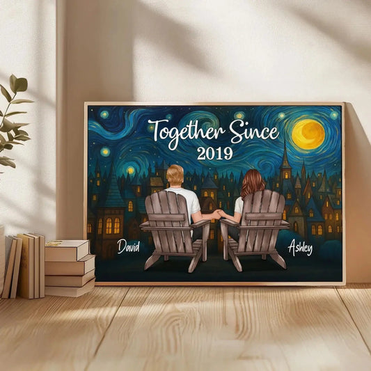 Couple Sitting Under the Night Sky – Personalized Back View Art Poster – Custom Romantic Gift for Anniversary or Any Special Days  Ezcustomize