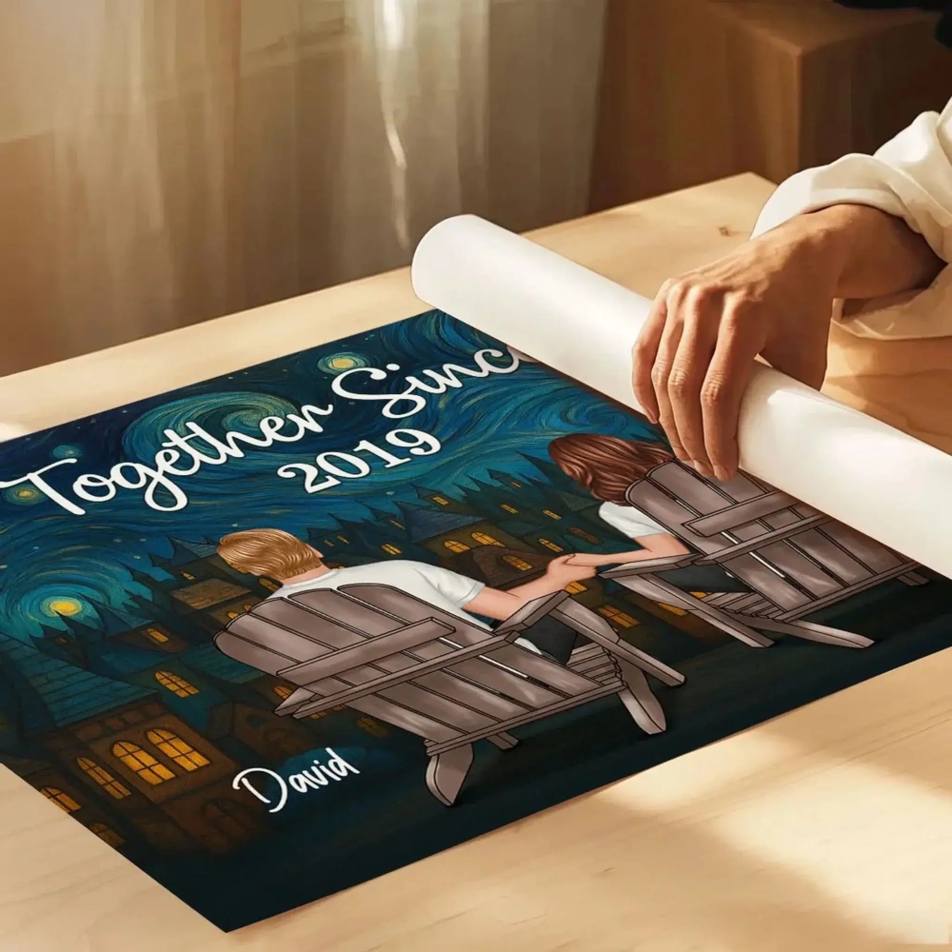 Couple Sitting Under the Night Sky – Personalized Back View Art Poster – Custom Romantic Gift for Anniversary or Any Special Days  Ezcustomize