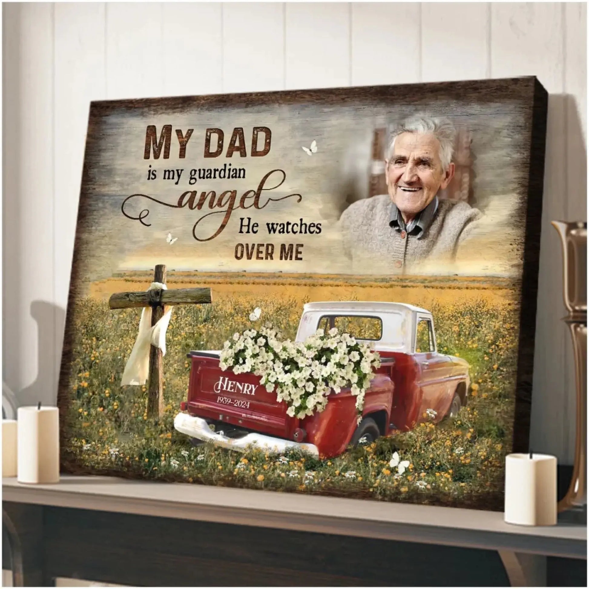 Cross And Flower Car Personalized Memorial Canvas For Dad Father’s Day Gift Ideas  Ezcustomize