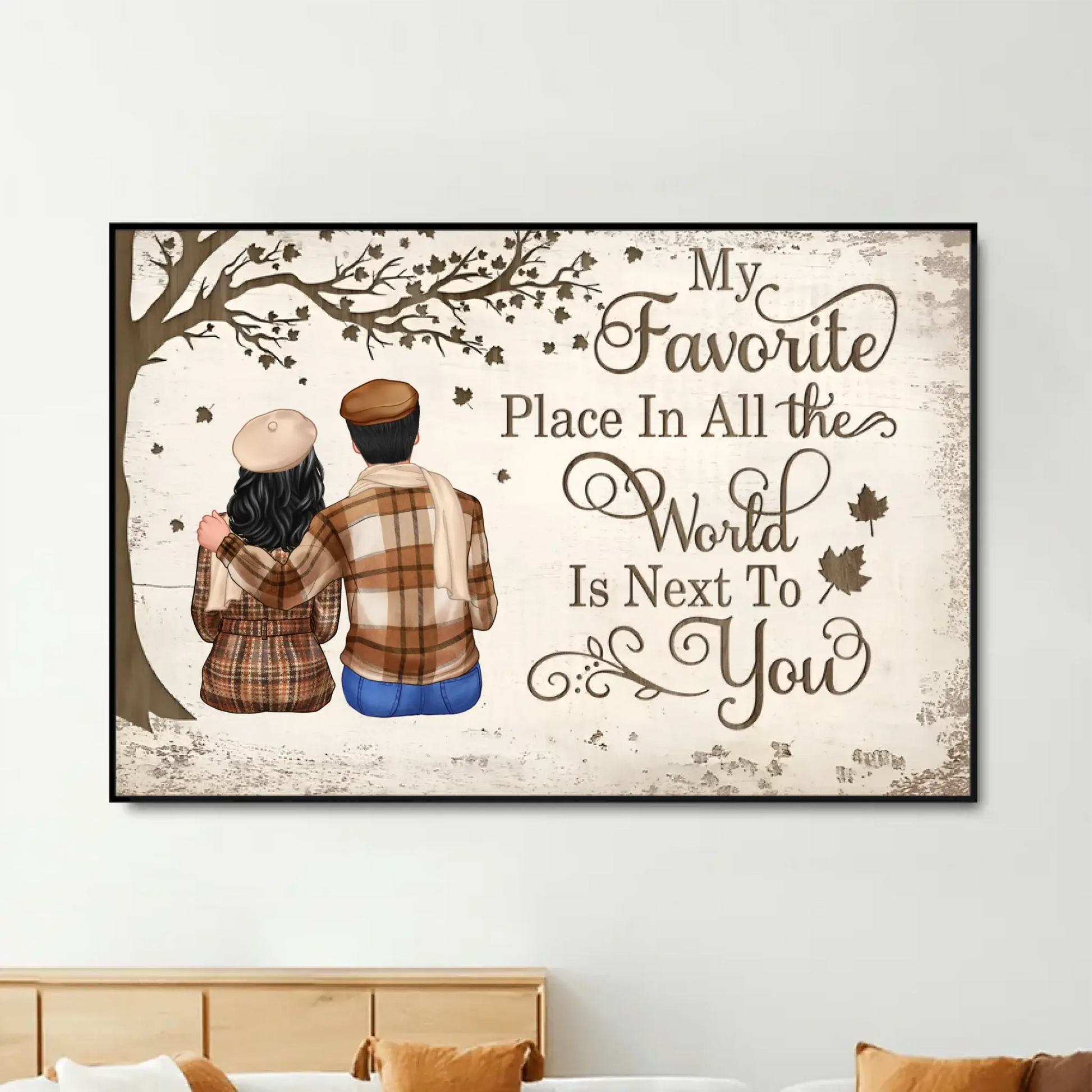Custom Couple Poster/Canvas Sitting Under Tree – Personalized Fall Scene with Names – Romantic Gift for Anniversary or Valentine’s Day  Ezcustomize