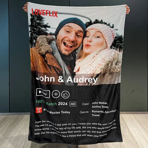 Custom Couples Loveflix Movie Photo – Personalized Fleece Blanket Throw – Romantic Anniversary & Valentine’s Day Gift for Couples