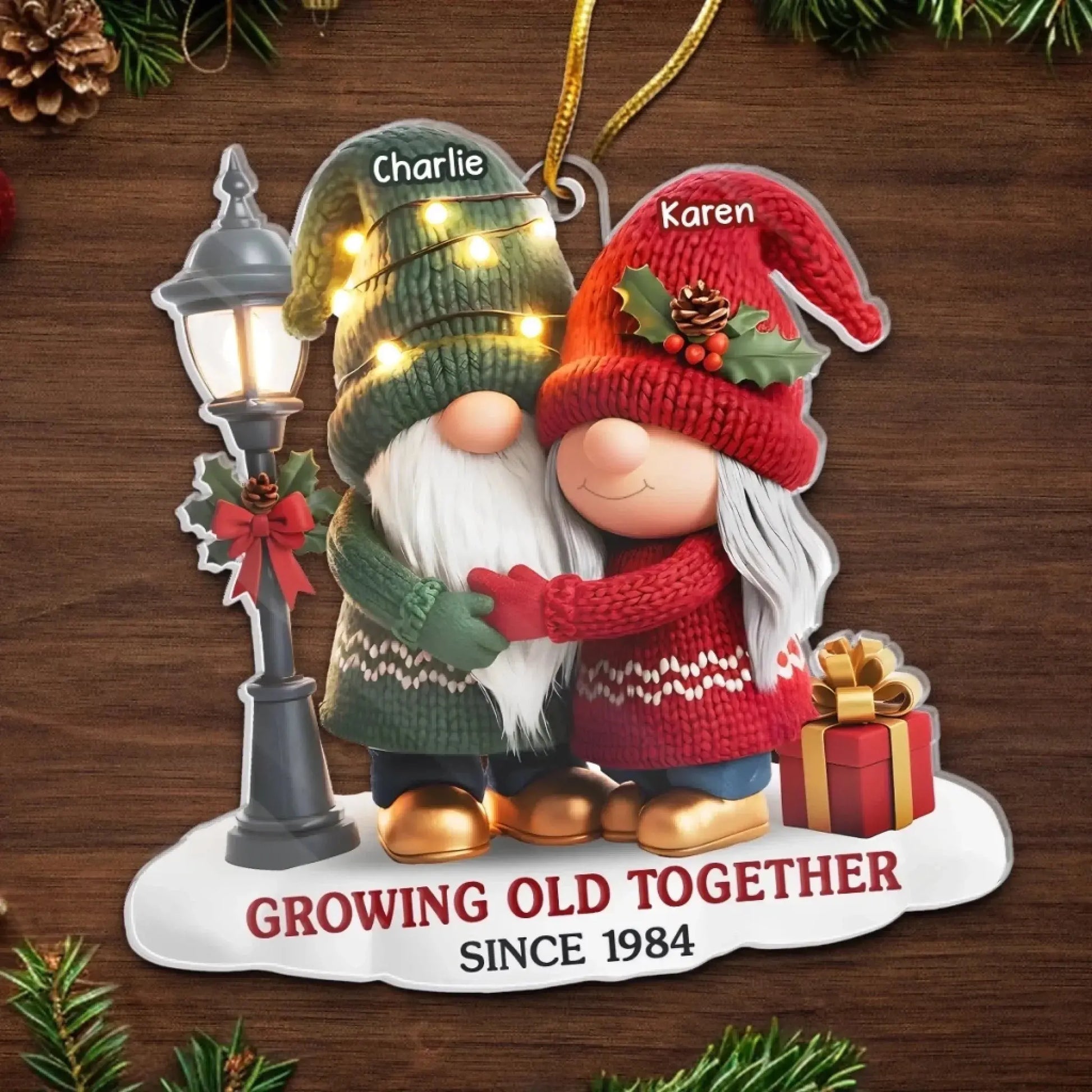 Custom Gnome Acrylic Ornament – Growing Old Together – Personalized Anniversary Christmas Gift for Couples, Husband & Wife.  Ezcustomize