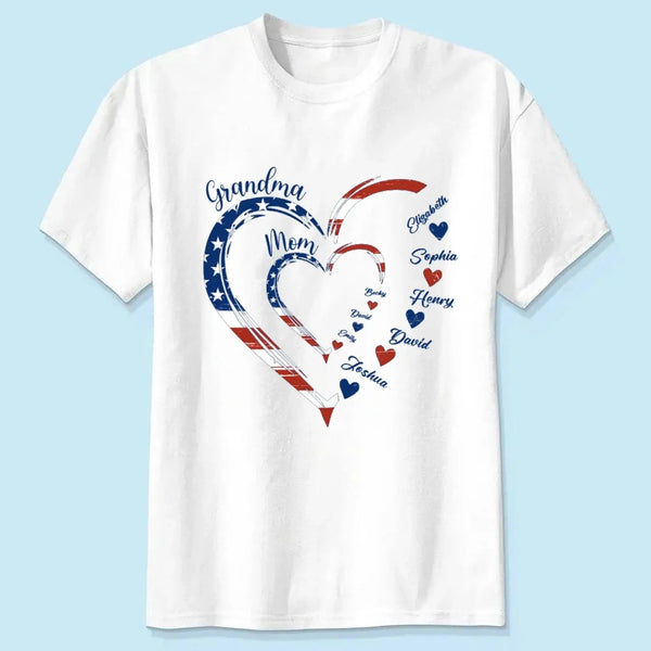Custom Grandma Mom Heart Shirt – Personalized 4th of July Family T-shirt with Kids' Names, Patriotic Gift for Her