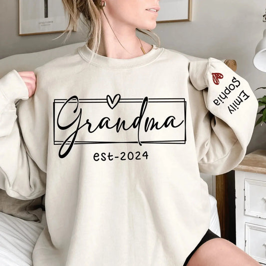 Custom Grandma Sweatshirt with Kid Names on Sleeve – Personalized Gift for Nana, Mimi, or Grandmother  Ezcustomize