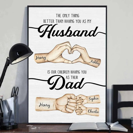 Custom Husband & Dad Poster – Personalized Father’s Day Gift from Wife, Romantic Heart Hand & Kids’ Fist Bump Canvas  Ezcustomize