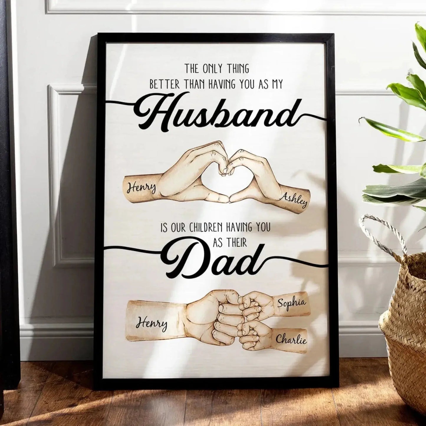 Custom Husband & Dad Poster – Personalized Father’s Day Gift from Wife, Romantic Heart Hand & Kids’ Fist Bump Canvas  Ezcustomize