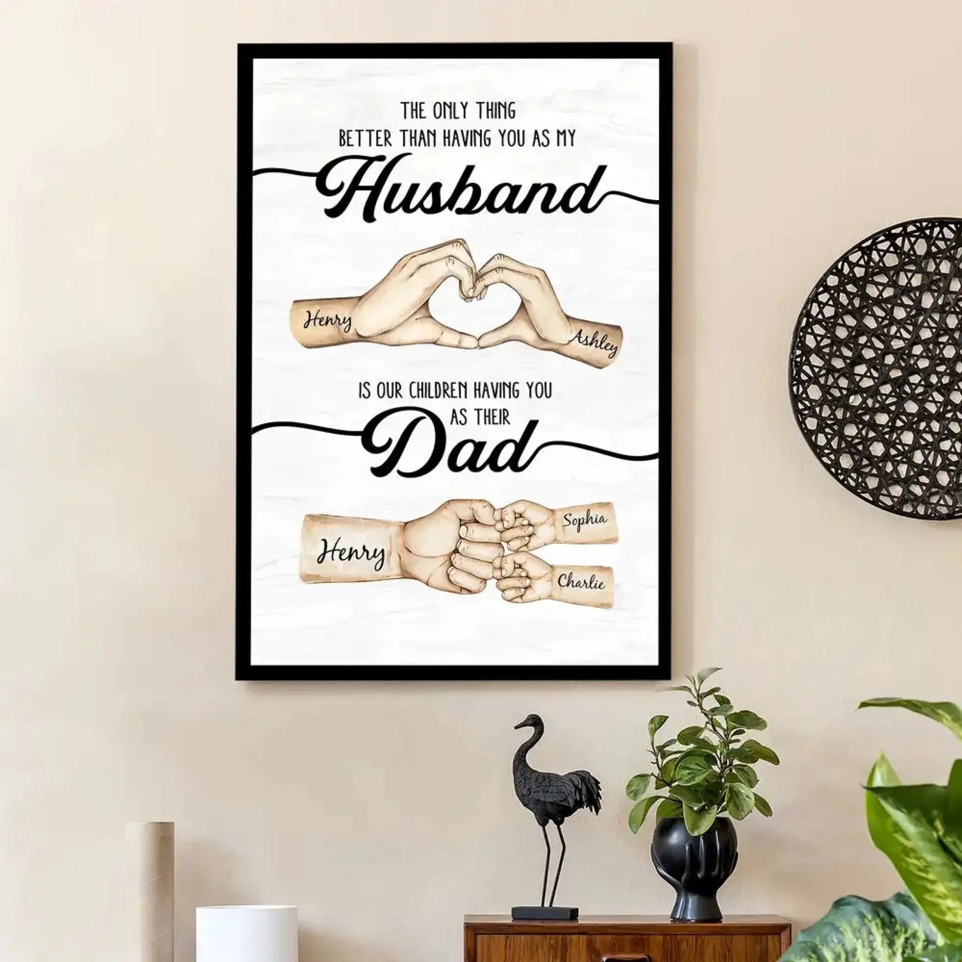 Custom Husband & Dad Poster – Personalized Father’s Day Gift from Wife, Romantic Heart Hand & Kids’ Fist Bump Canvas  Ezcustomize
