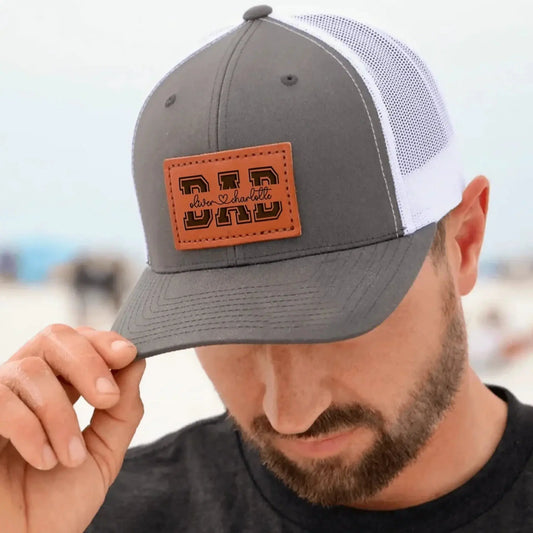 Custom Kids’ Names Dad Grandpa Trucker Hat – Personalized Leather Patch Cap, Father’s Day Gift for Him, Husband, Daddy or Papa  Ezcustomize
