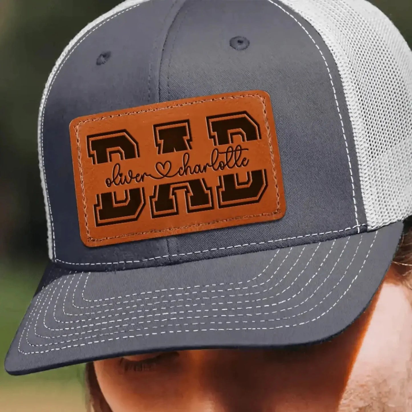 Custom Kids’ Names Dad Grandpa Trucker Hat – Personalized Leather Patch Cap, Father’s Day Gift for Him, Husband, Daddy or Papa  Ezcustomize