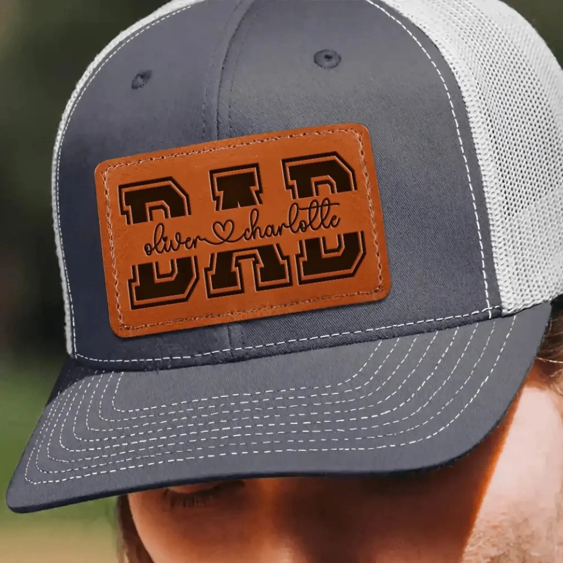Custom Kids’ Names Dad Grandpa Trucker Hat – Personalized Leather Patch Cap, Father’s Day Gift for Him, Husband, Daddy or Papa  Ezcustomize