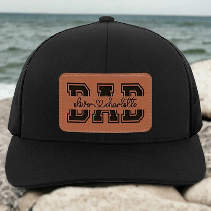 Custom Kids’ Names Dad Grandpa Trucker Hat – Personalized Leather Patch Cap, Father’s Day Gift for Him, Husband, Daddy or Papa  Ezcustomize