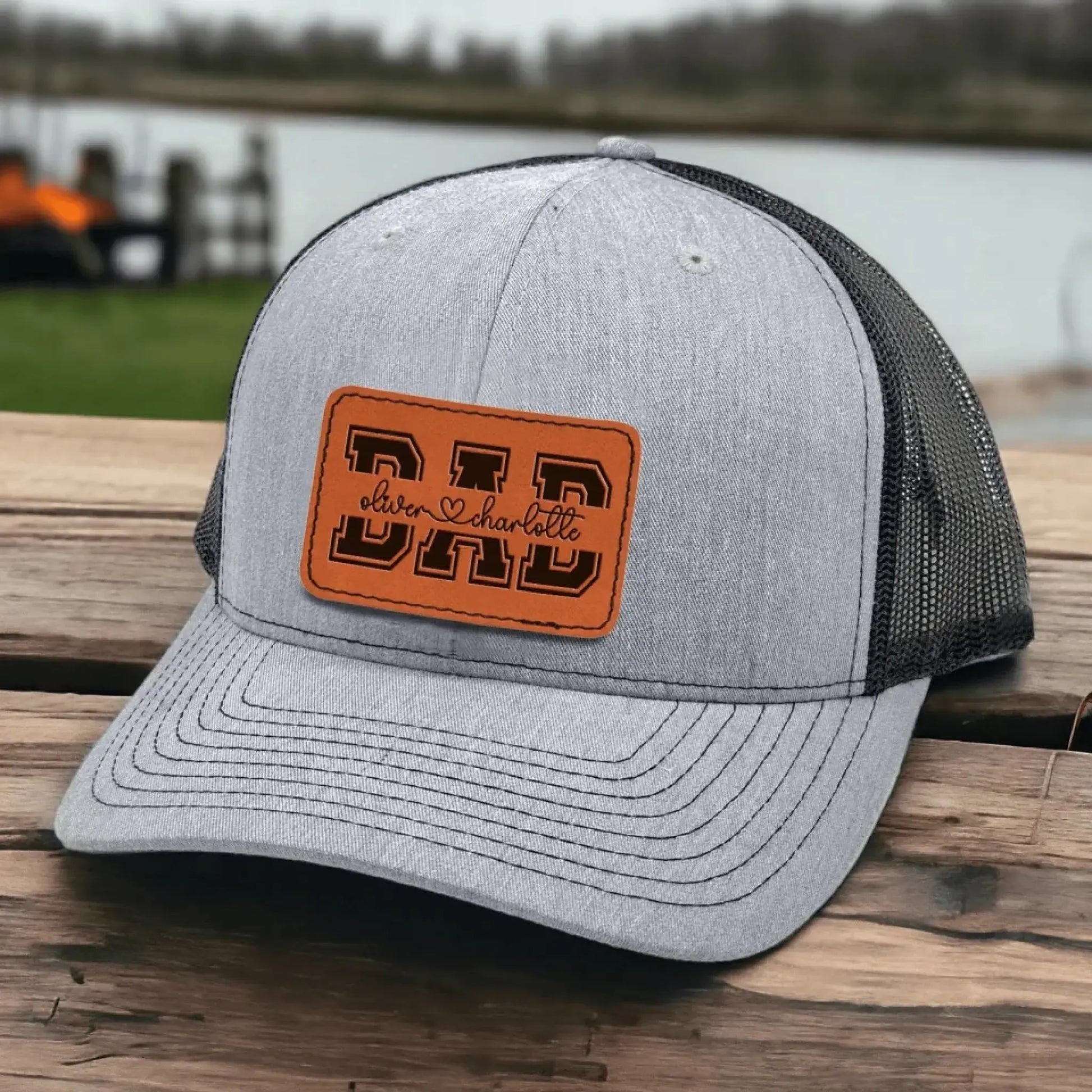 Custom Kids’ Names Dad Grandpa Trucker Hat – Personalized Leather Patch Cap, Father’s Day Gift for Him, Husband, Daddy or Papa  Ezcustomize