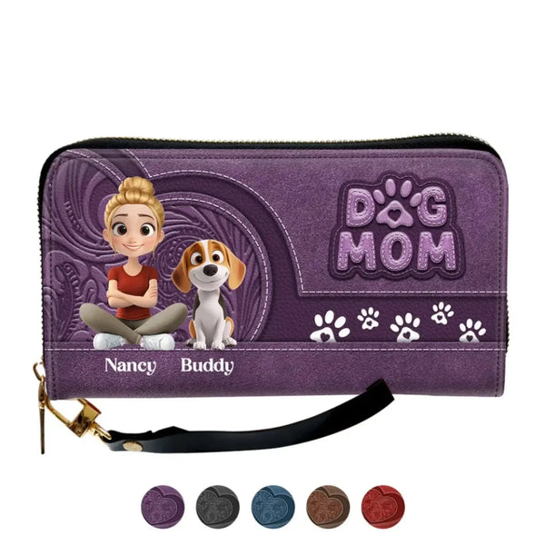 Custom Leather Long Wallet for Dog Moms – Personalized Pet Illustration & Name, Perfect Gift for Dog Lovers