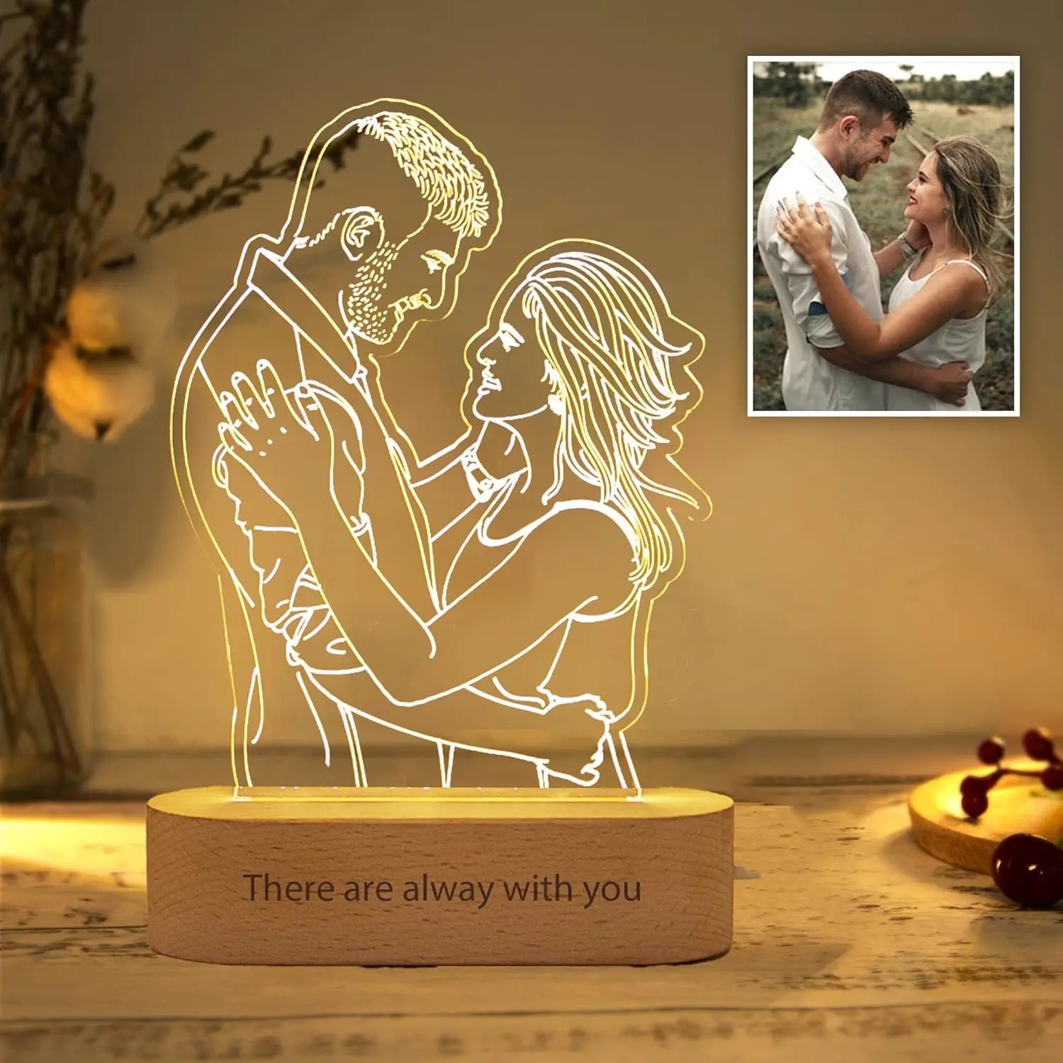 Custom Line Art Photo LED Lamp – Personalized Engraved Minimalist Couple Drawing Light with Wood Base, Romantic Gift for Anniversary or Valentine’s Day  Ezcustomize