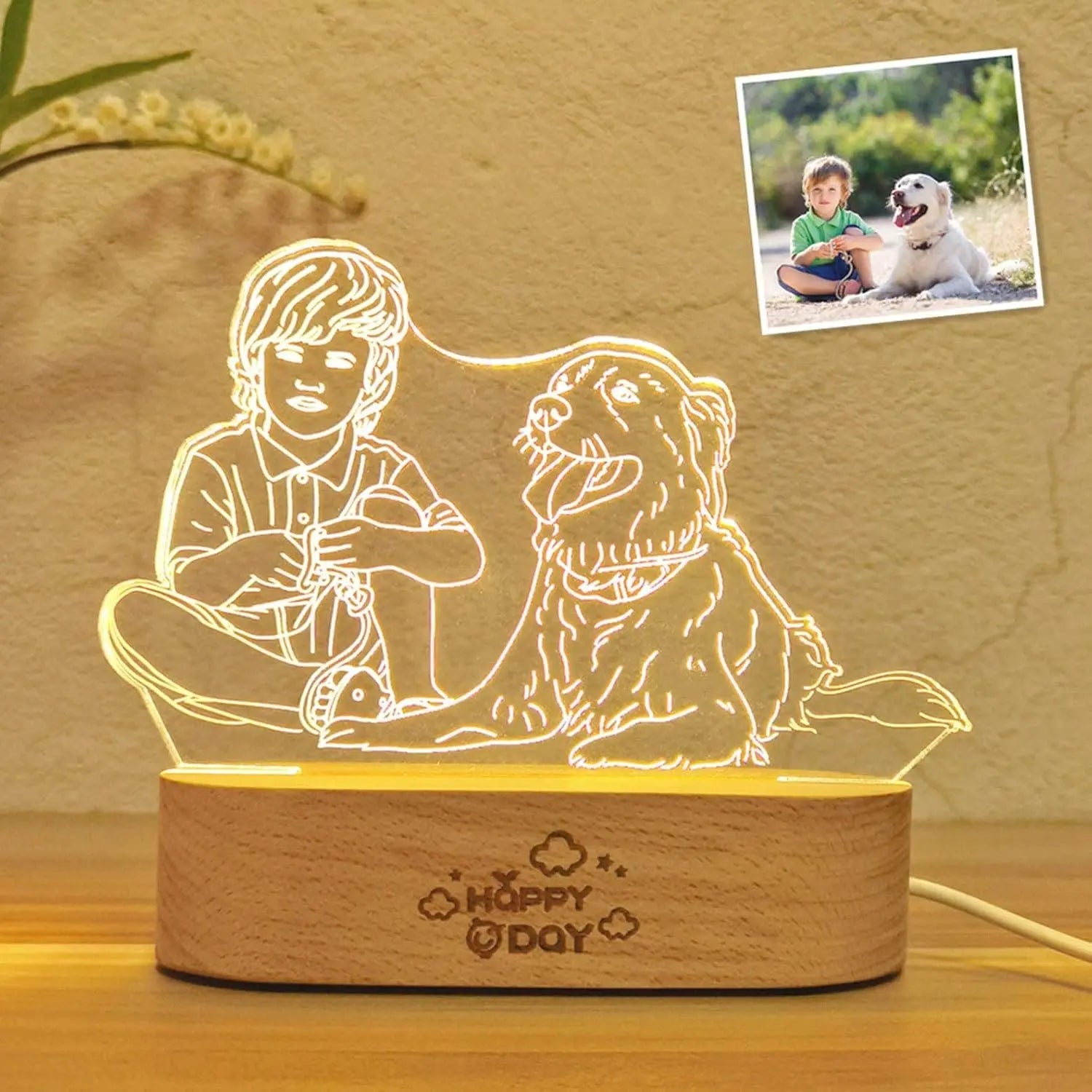 Custom Line Art Photo LED Lamp – Personalized Engraved Minimalist Couple Drawing Light with Wood Base, Romantic Gift for Anniversary or Valentine’s Day  Ezcustomize