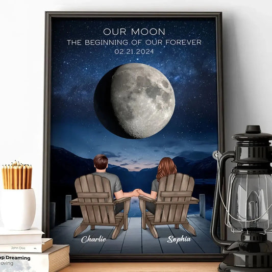 Custom Moon Phase Art - Back View Couple Poster, Perfect Wedding Anniversary Gift for Him & Her  Ezcustomize