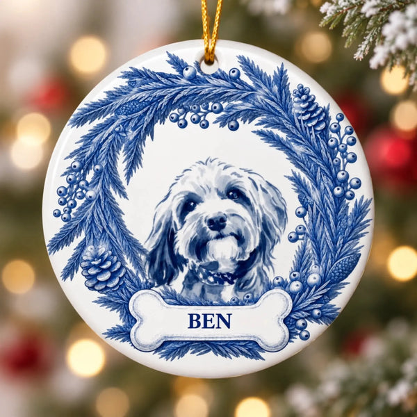 Custom Photo Pet Christmas Memorial Portrait - Personalized Ceramic Ornament - Sympathy Gift for Dog Mom, Dog Dad, Pet Parents After Pet Loss