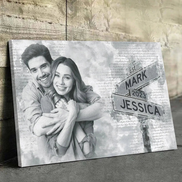 Custom Photo Street Sign Poster – Personalized Couple Canvas with Names & Date, Wedding or Anniversary Gift for Him or Her
