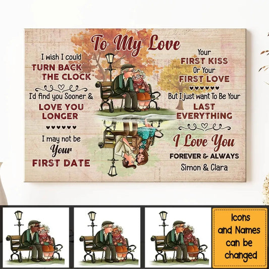 Custom "I Wish I Could Turn Back The Clock" Wall Art – Personalized Canvas Poster Gift for Elderly Couple, Forever Love Bench Scene  Ezcustomize
