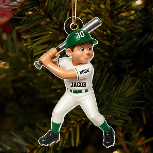 Cute Baseball Player 3D Effect – Personalized Acrylic Flat Ornament – Unique Christmas Gift for Son, Daughter, Grandson, or Granddaughter  Ezcustomize