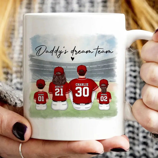 Daddy’s Dream Team Baseball Mug – Personalized Family Sitting Cup with Names & Jersey Numbers, Gift for Dad or Grandpa  Ezcustomize