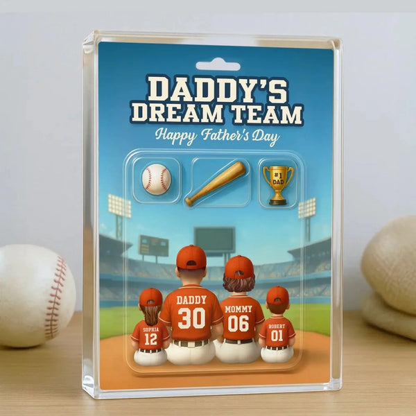 Daddy’s Dream Team Baseball Plaque – Personalized Flat Acrylic Block with Custom Figures – Father’s Day Gift for Dad