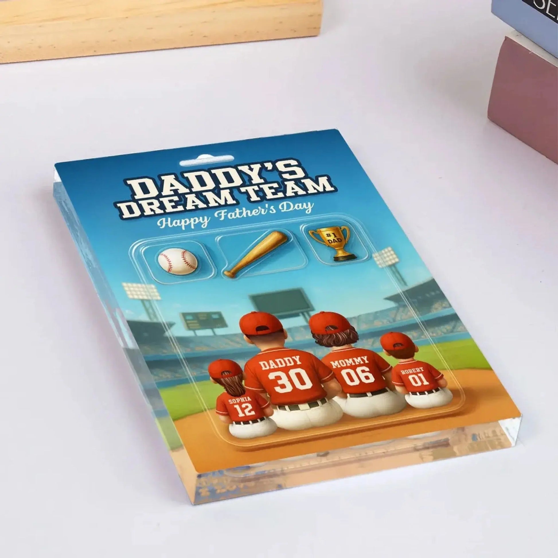 Daddy’s Dream Team Baseball Plaque – Personalized Flat Acrylic Block with Custom Figures – Father’s Day Gift for Dad  Ezcustomize