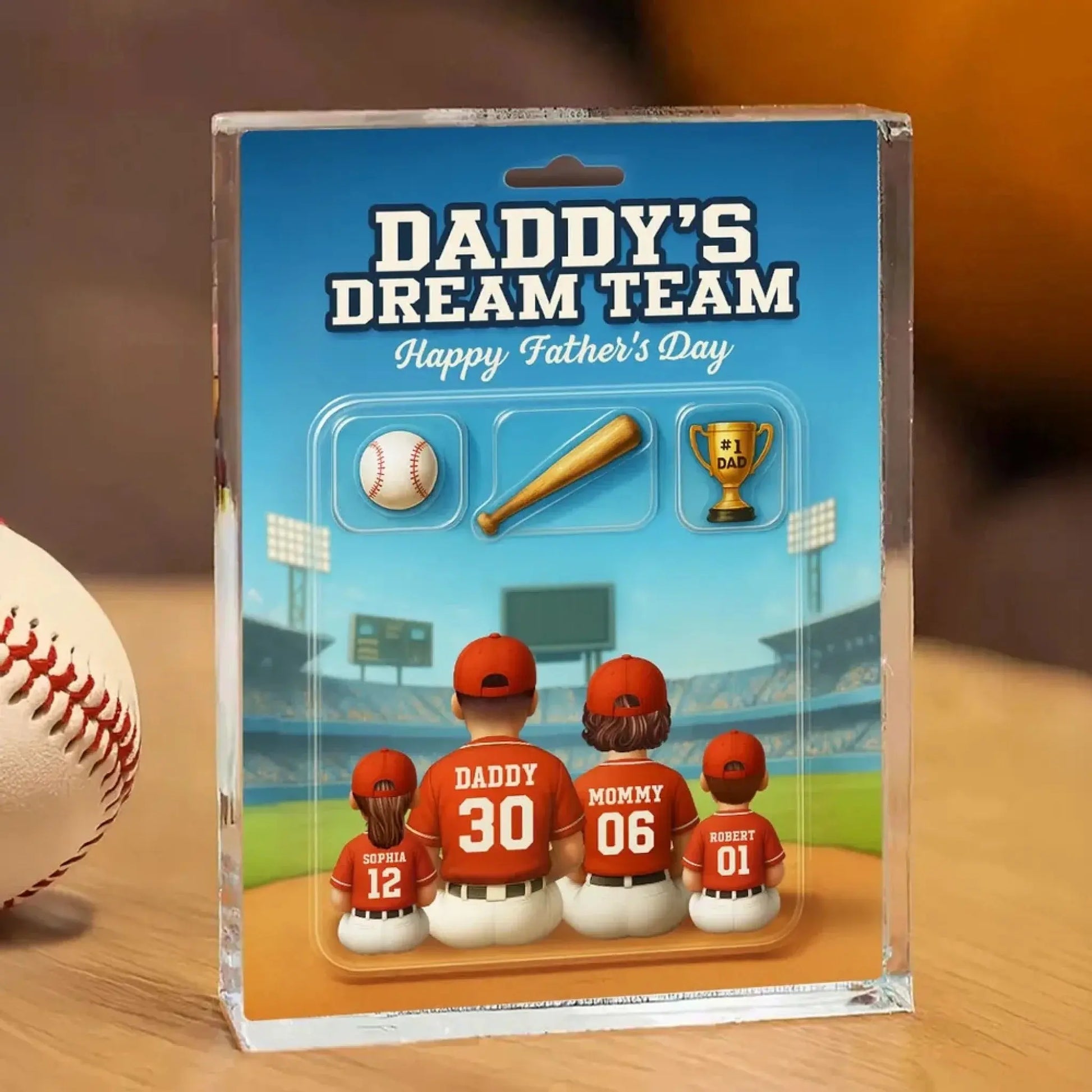Daddy’s Dream Team Baseball Plaque – Personalized Flat Acrylic Block with Custom Figures – Father’s Day Gift for Dad  Ezcustomize