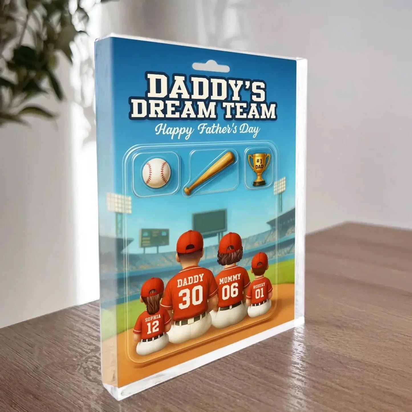 Daddy’s Dream Team Baseball Plaque – Personalized Flat Acrylic Block with Custom Figures – Father’s Day Gift for Dad  Ezcustomize