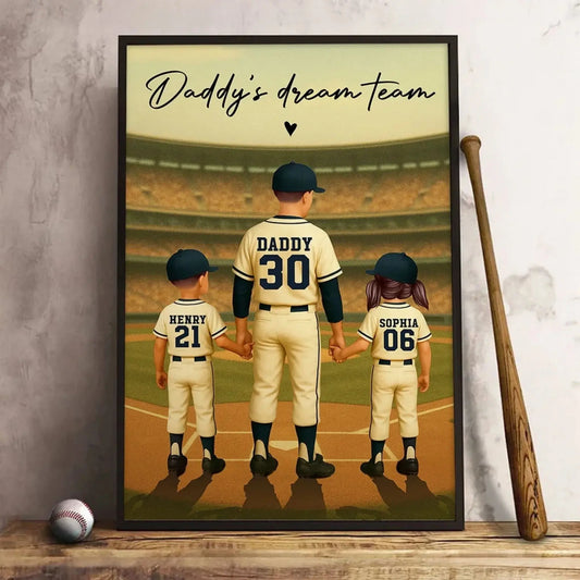 Daddy’s Dream Team Baseball Poster – Personalized Retro Back View Gift for Dad with Kids’ Names & Numbers  Ezcustomize