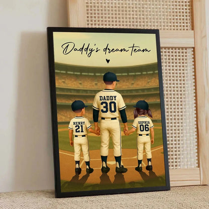 Daddy’s Dream Team Baseball Poster – Personalized Retro Back View Gift for Dad with Kids’ Names & Numbers  Ezcustomize
