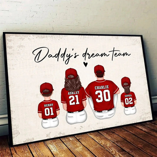 Daddy's Team Baseball Family Sitting Personalized Poster/Canvas, Gift For Dad, Grandpa, Husband  Ezcustomize