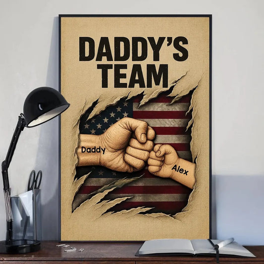 Daddy’s Team Fist Bump Wall Art – Personalized Torn Flag Poster/Canvas – Custom Father’s Day Gift for Dad  Ezcustomize