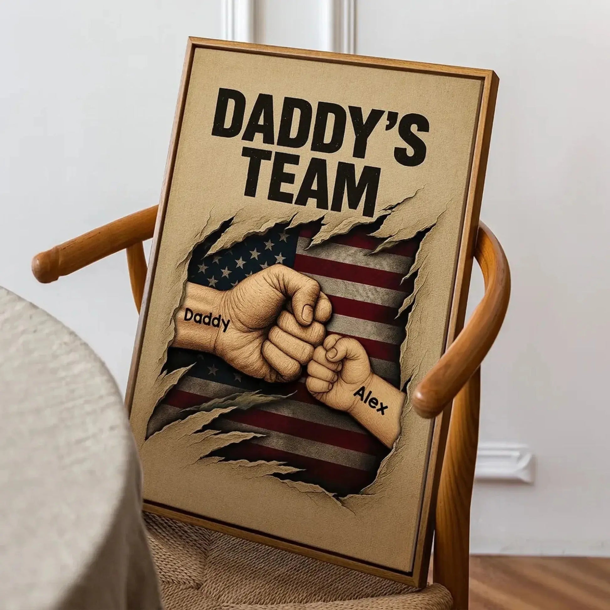Daddy’s Team Fist Bump Wall Art – Personalized Torn Flag Poster/Canvas – Custom Father’s Day Gift for Dad  Ezcustomize