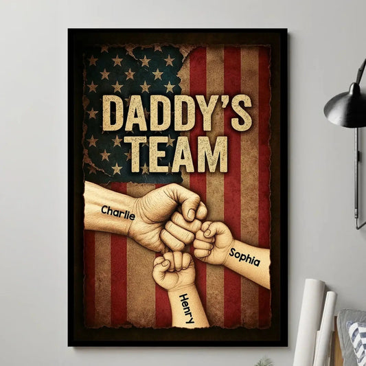 Daddy’s Team Personalized Fist Bump Poster – Custom Vintage American Flag Wall Art for Dad, Father’s Day Gift from Kids  Ezcustomize