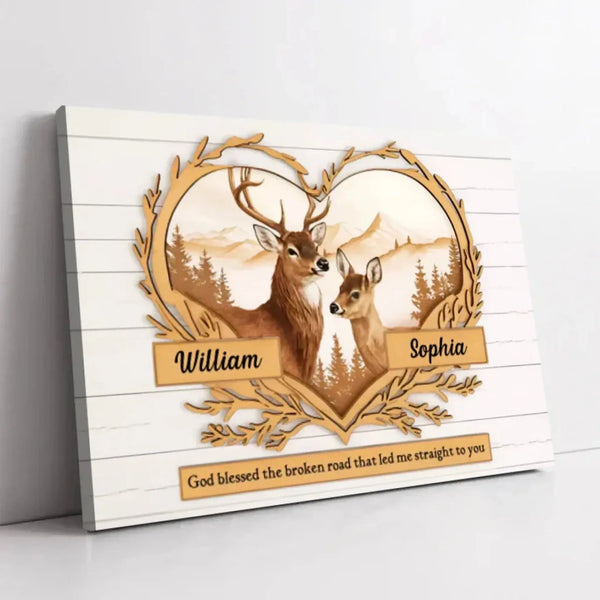 Deer Couple Mountain Scene – Personalized Canvas or Poster, Rustic Nature Wall Art with Custom Names, Romantic Gift for Him or Her