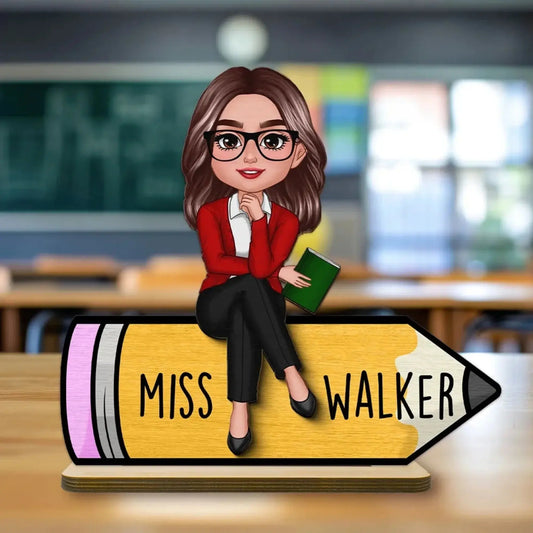 Doll Teacher Sitting On Pencil - Personalized Teacher Wooden Plaque – 2-Layer – Back to School Gift, Classroom or Office Decor  Ezcustomize
