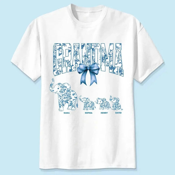 Elephant Floral Chinoiserie Shirt – Personalized T-Shirt for Mom or Grandma – Mother’s Day Gift with Blue Pattern Design