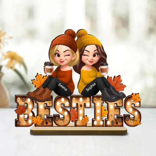 Fall Besties Wooden Plaque – Personalized Best Friends Autumn Gift, Custom Sitting Marquee Sign, Friendship Decor