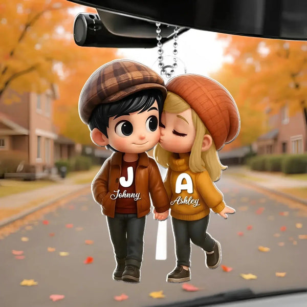 Fall Season Couple Car Hanger – Personalized Cute Cartoon Acrylic Ornament, Autumn Gift for Boyfriend or Girlfriend